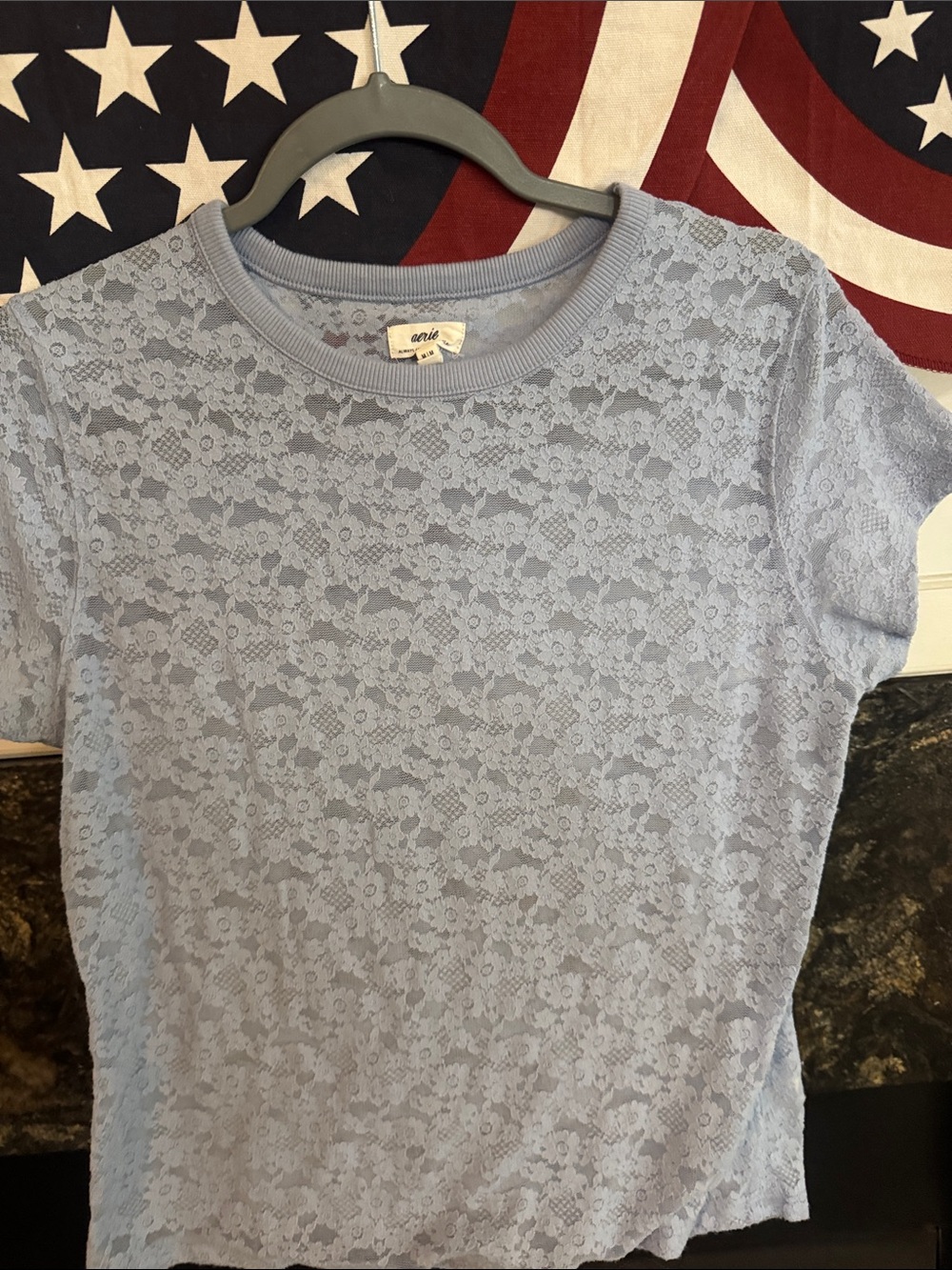 aerie Powder Blue‎ Floral Lace Short Sleeve Tee